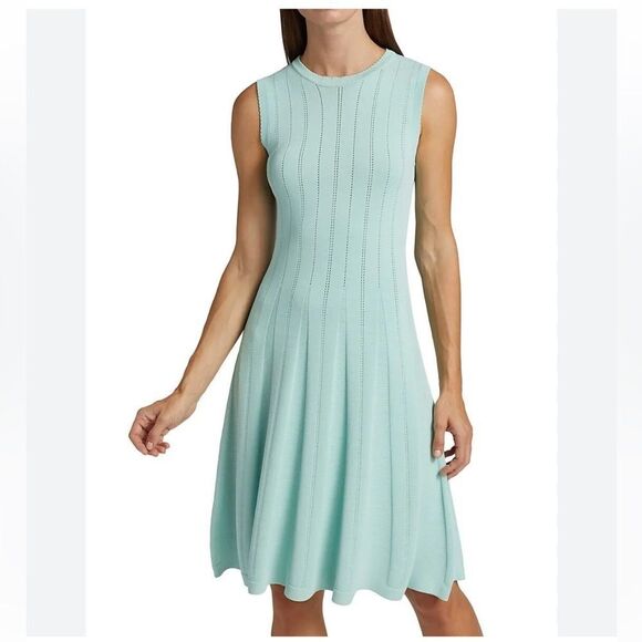 Lela Rose Brocade Long-Sleeve Oxford Blue Textured Knit Fit & Flare NWT $990 - Picture 6 of 8